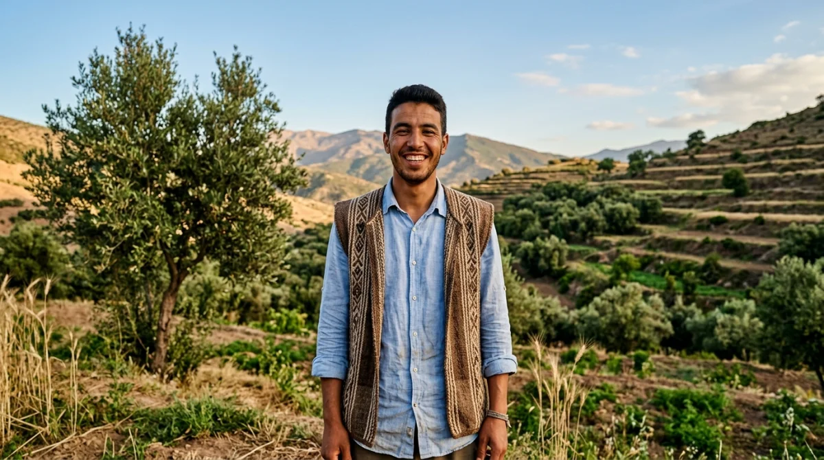 Jeune travailleur marocain souriant dans un champ, illustrant le contexte économique lié au Maroc salaire moyen.