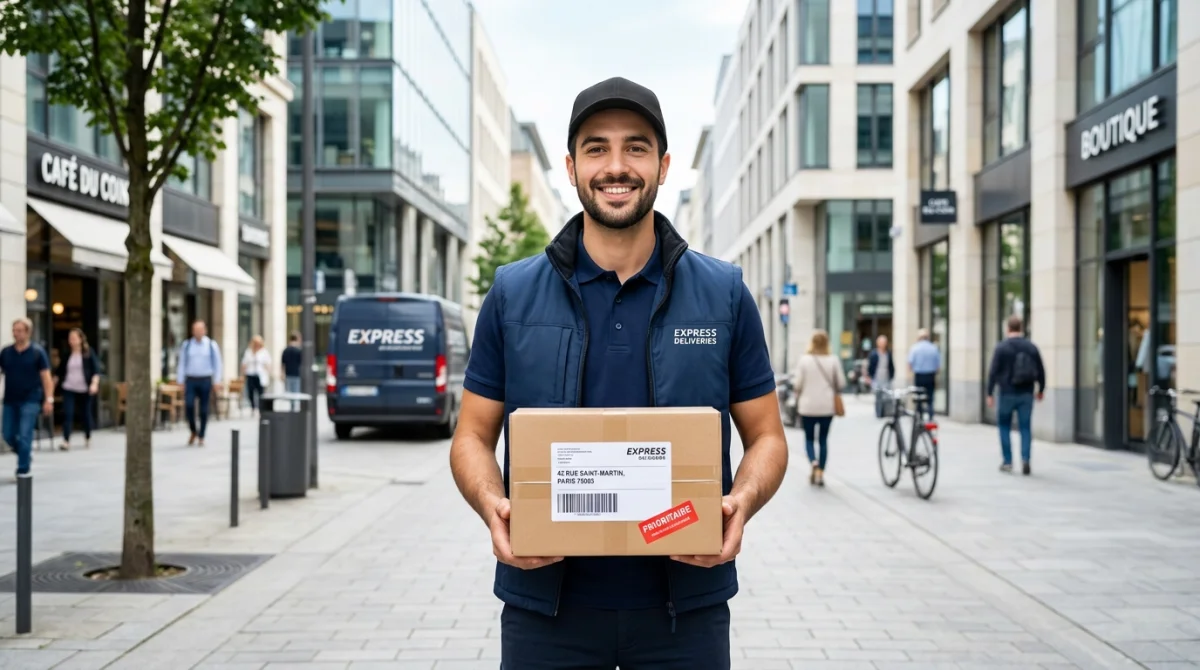 Livreur souriant en tenue professionnelle tenant un colis dans une rue urbaine pour travailler dans la livraison.
