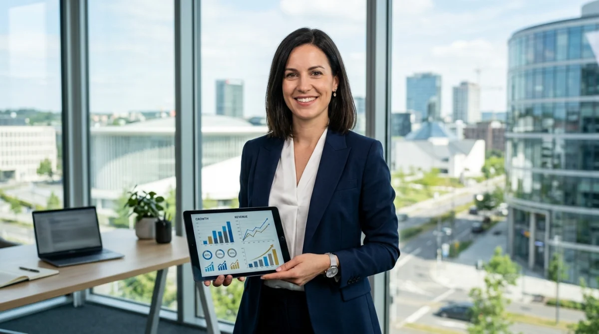 Professionnel en tenue élégante consultant des graphiques de croissance dans un bureau moderne au Luxembourg.