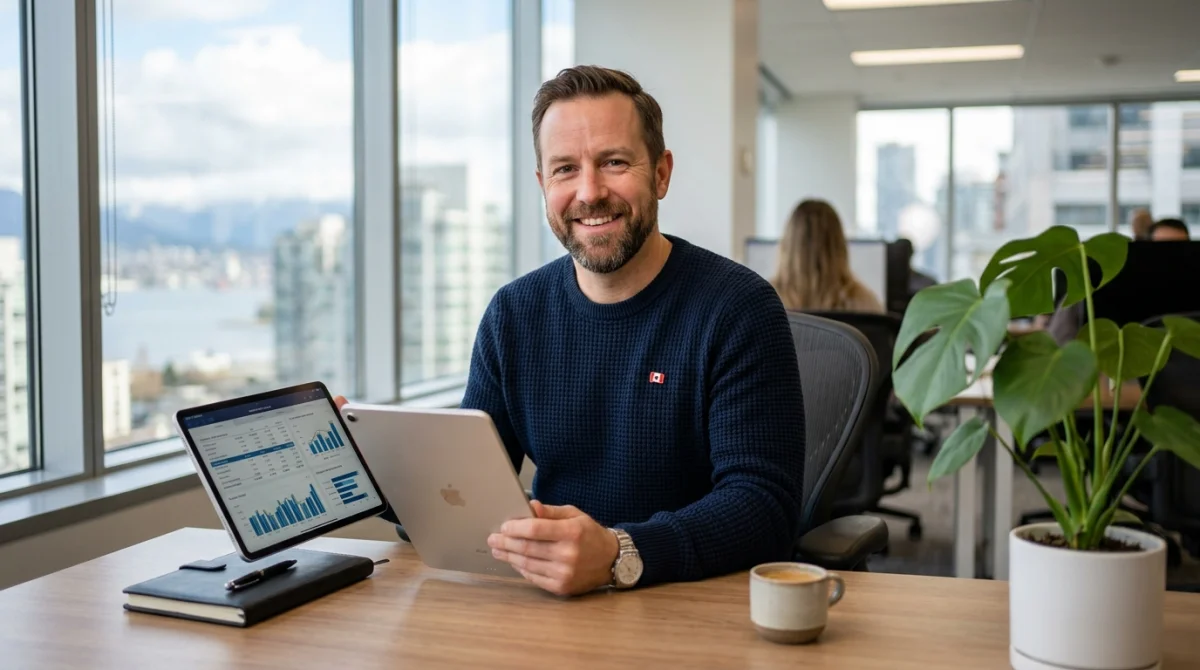 Professionnel canadien consultant des données financières sur une tablette pour analyser le salaire moyen au Canada.