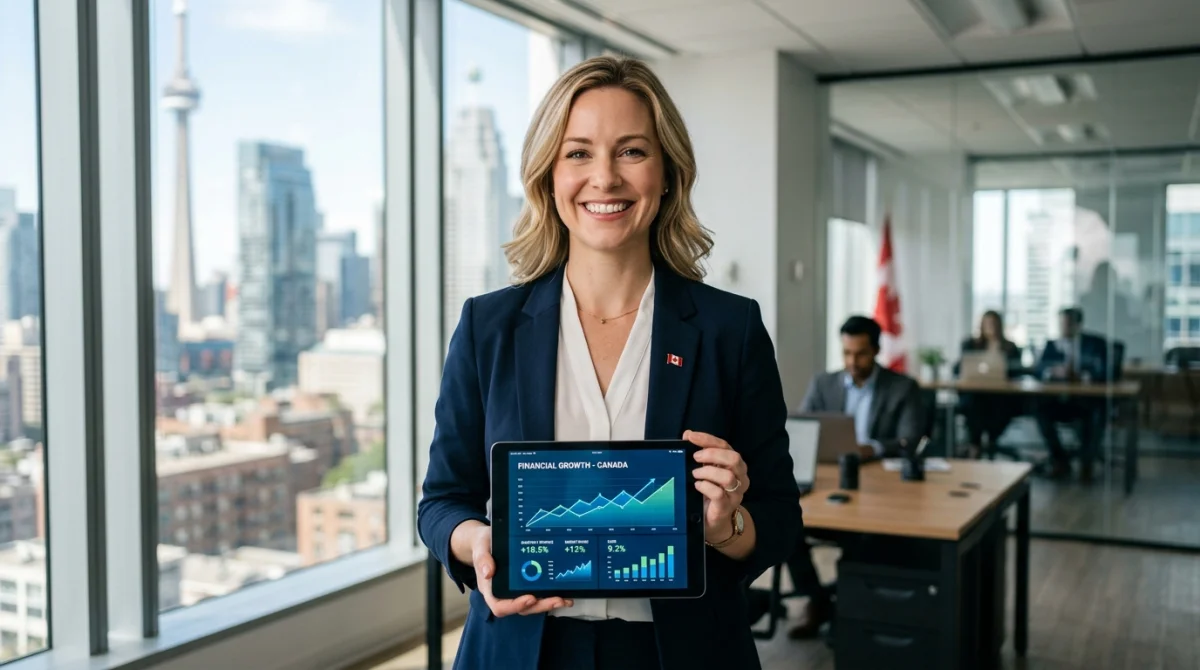 Professionnel canadien souriant consultant des graphiques de croissance financière sur tablette dans un bureau moderne.