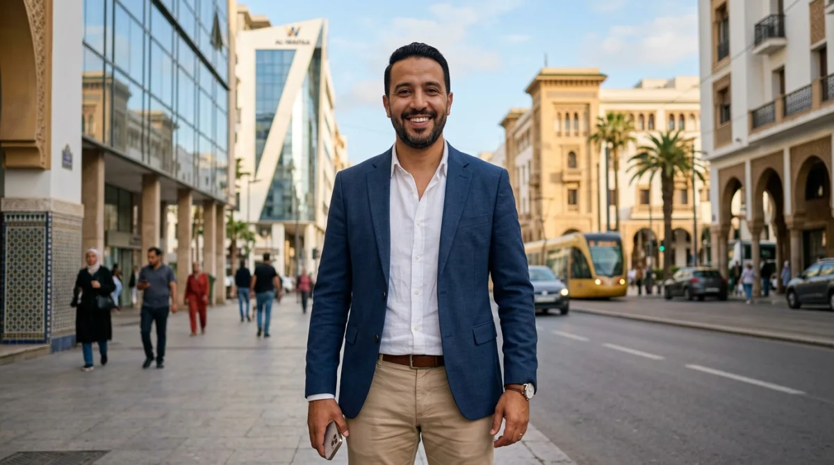 Professionnel marocain confiant dans une rue moderne de Casablanca, illustrant le contexte du salaire moyen au Maroc.