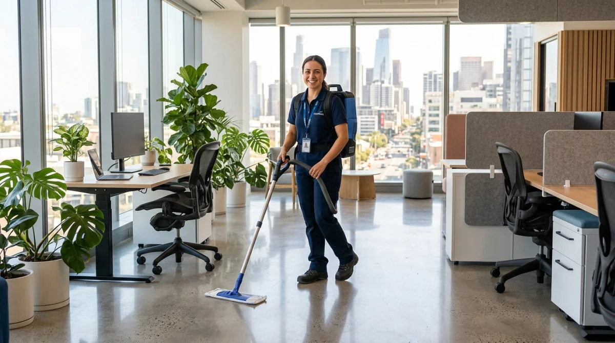 Professionnel du nettoyage souriant travaillant dans un bureau moderne et lumineux pour vos projets de nettoyage.