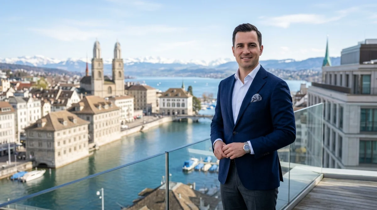 Professionnel élégant sur fond de ville suisse, illustrant le contexte économique et le salaire moyen en Suisse.