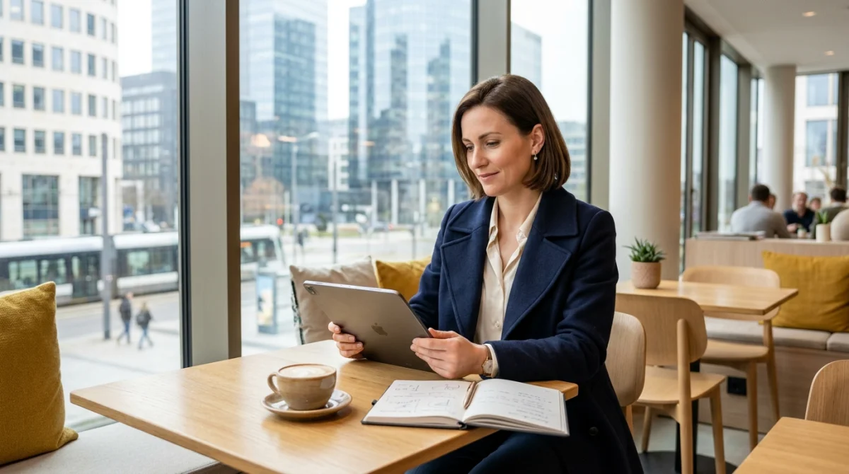 Professionnel consultant ses finances sur tablette dans un café moderne du quartier d'affaires de Luxembourg.