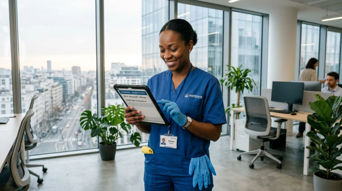 Professionnelle du nettoyage souriante consultant son planning numérique sur une tablette dans un bureau moderne et lumineux.