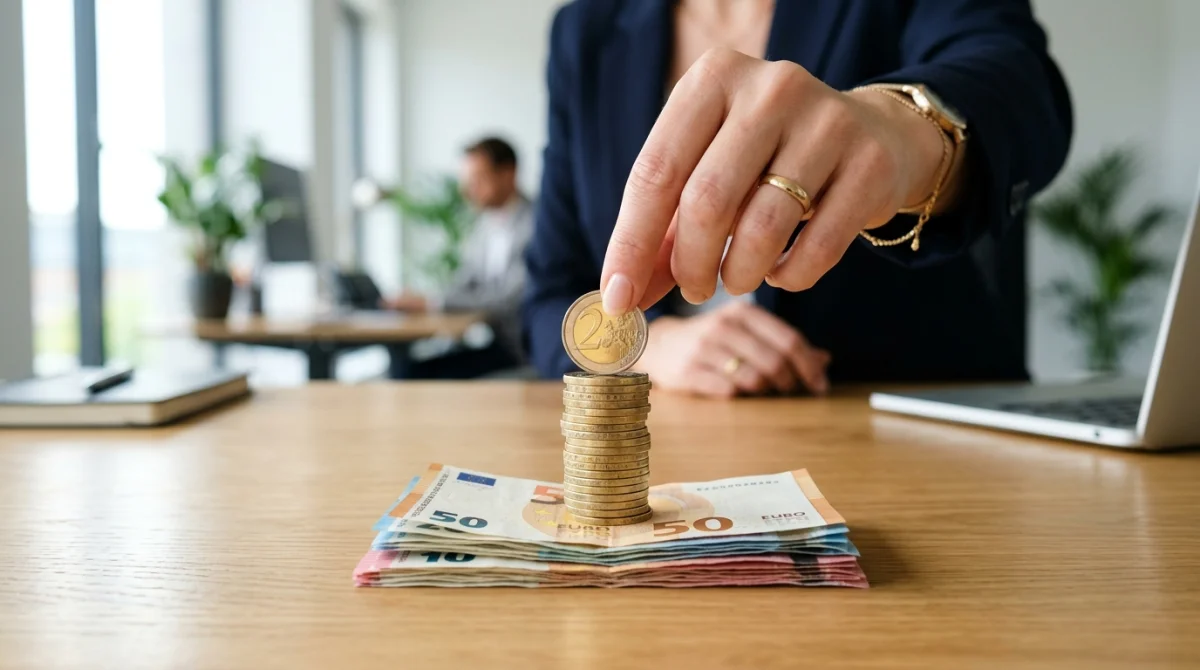 Main déposant une pièce dorée sur une pile de billets pour illustrer combien rapporte 10 millions d'euros en banque.