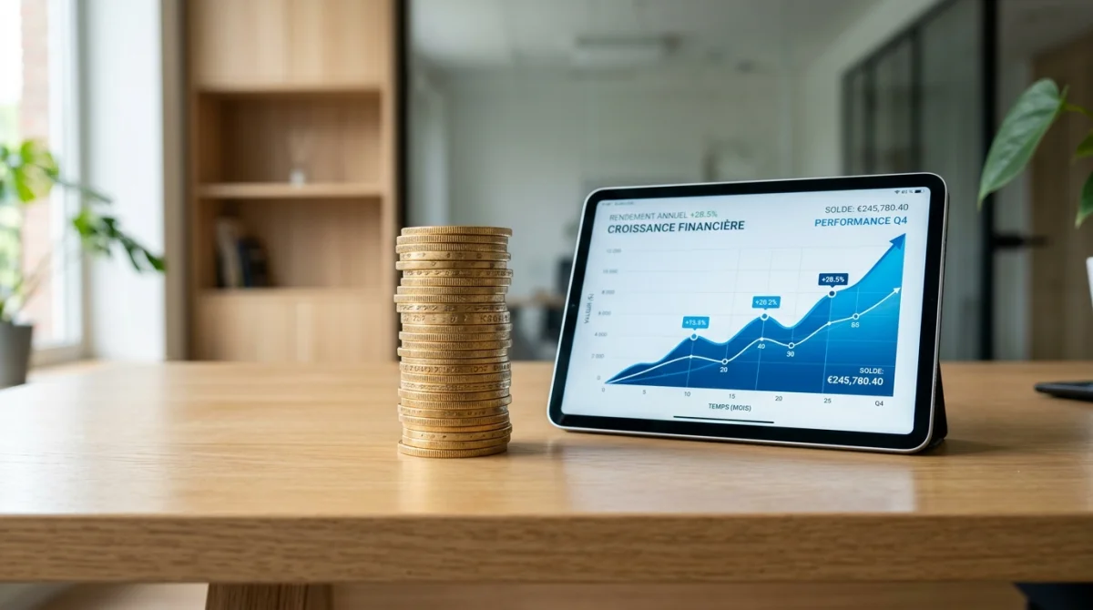 Pile de pièces d'or et graphique financier sur tablette illustrant combien rapporte 100000 euros placés par mois.