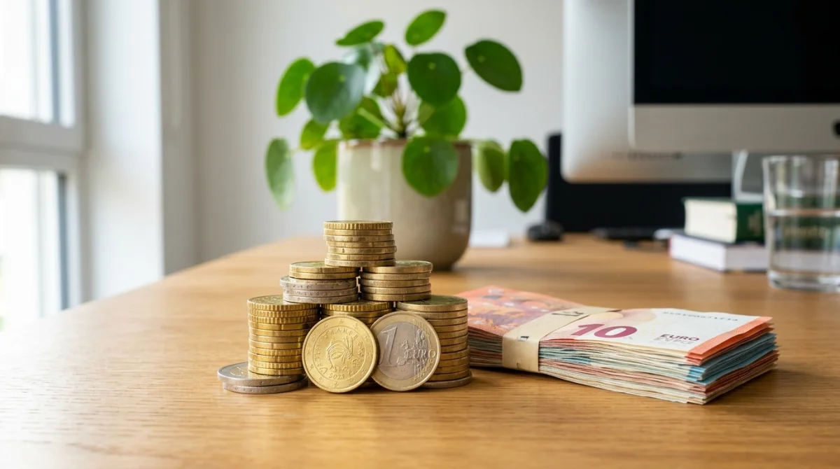 Pile de pièces dorées et billets sur un bureau en bois pour illustrer combien rapportent 200 000 euros placés par mois.
