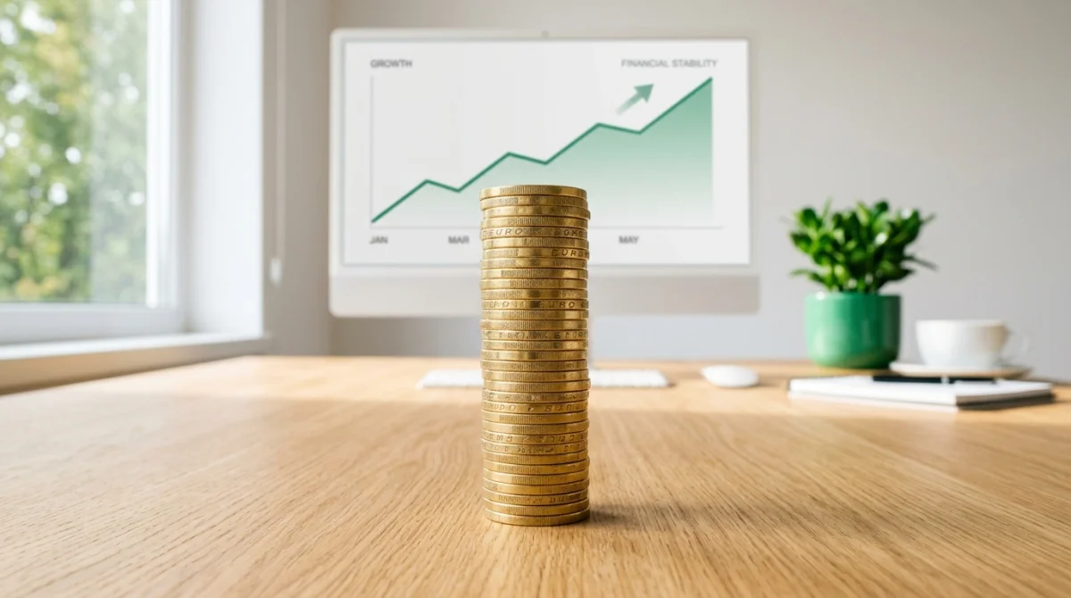 Pile de pièces dorées sur un bureau en bois avec graphique financier pour illustrer combien rapporte 50 000 euros placés.