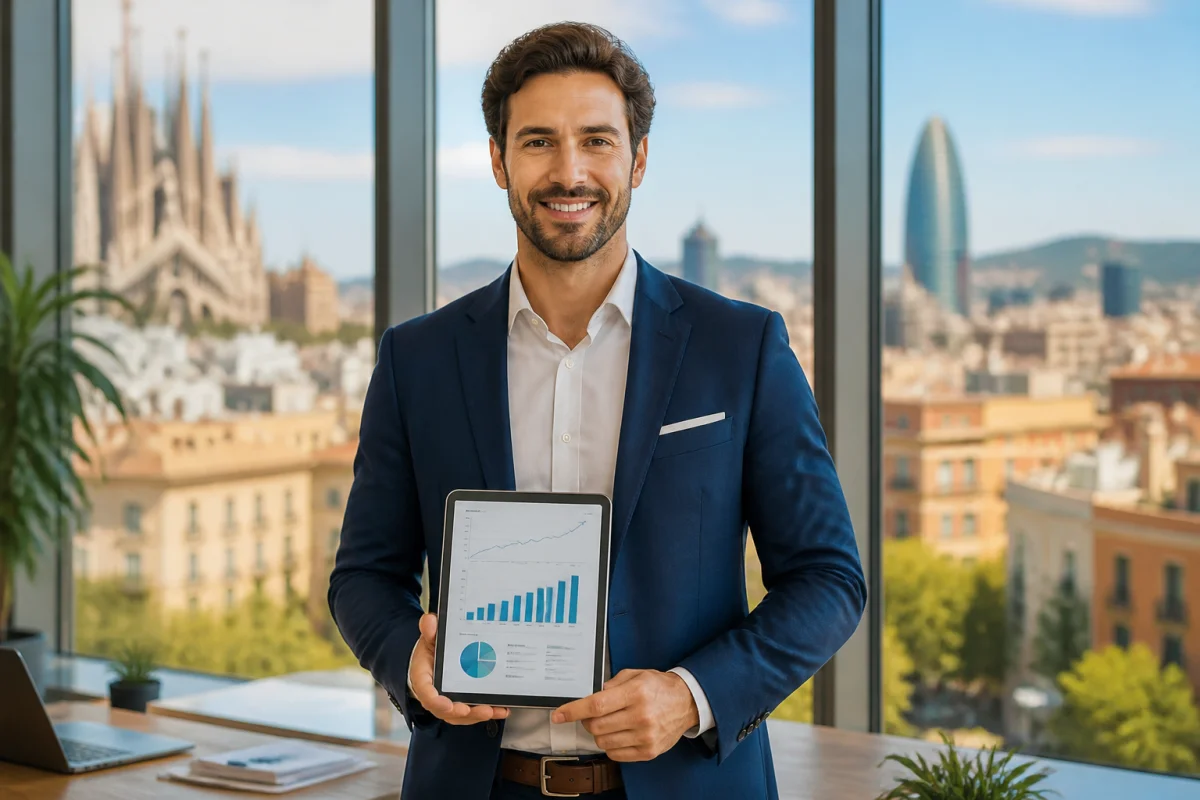 Professionnel en costume consultant des graphiques de croissance dans un bureau moderne avec vue sur une ville espagnole.
