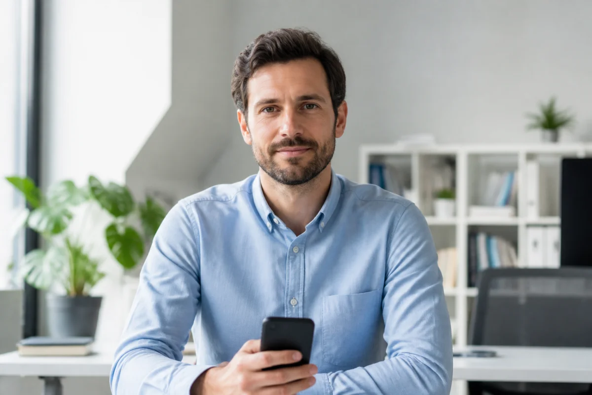 Professionnel envoyant un sms d'excuse pour absence au travail depuis son smartphone dans un bureau moderne.