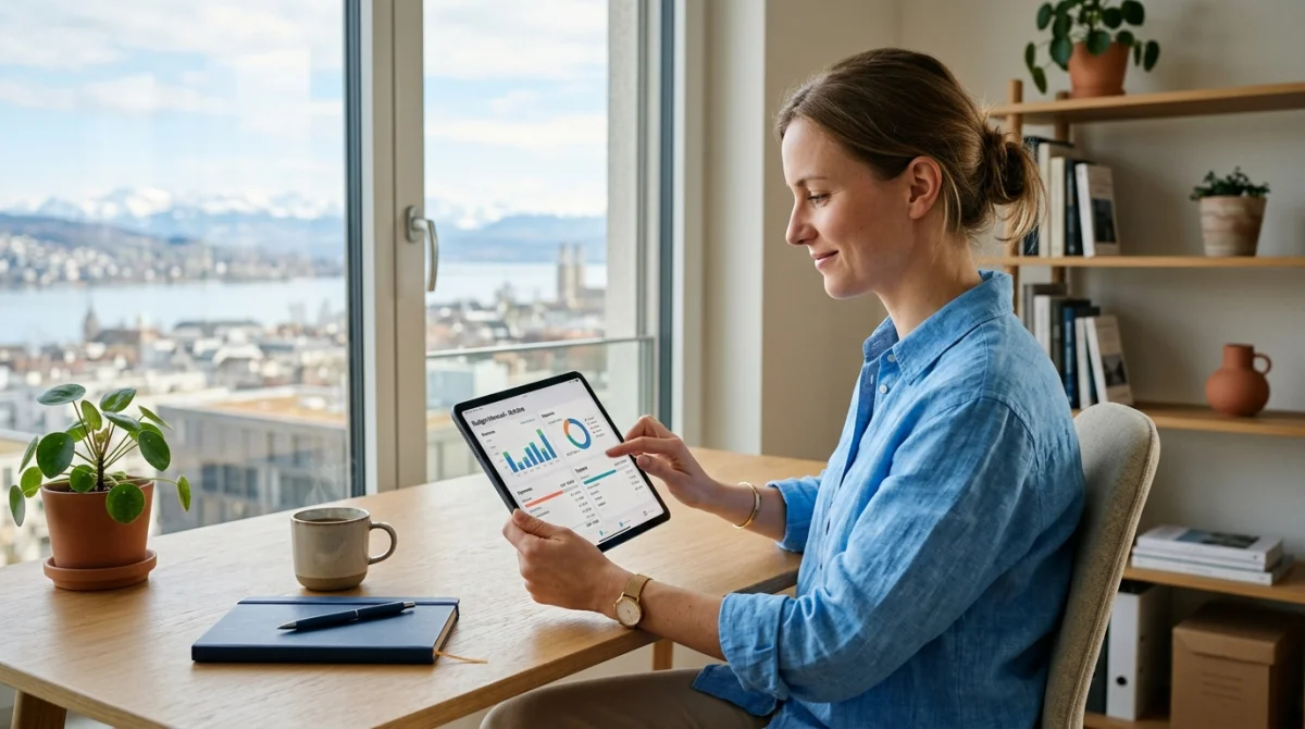 Professionnel consultant son budget sur tablette dans un bureau moderne avec vue sur un paysage urbain suisse.