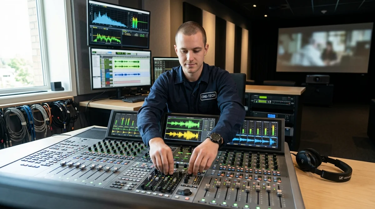 Technicien en uniforme manipulant une console de mixage numérique dans une salle de projection moderne pour travailler dans un cinéma.