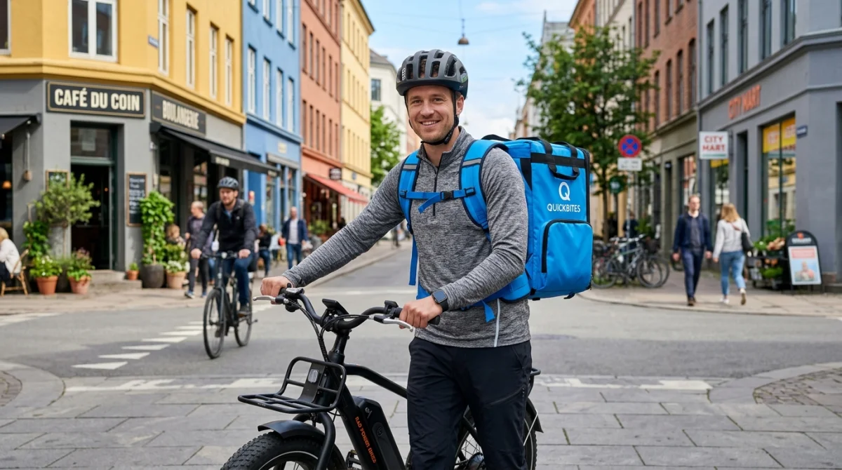 Livreur souriant avec sac isotherme bleu dans une rue urbaine pour travailler dans la livraison.