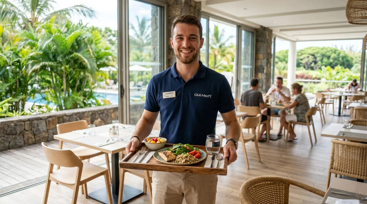 Employé souriant en tenue décontractée servant un repas sain dans un restaurant Club Med lumineux et tropical.