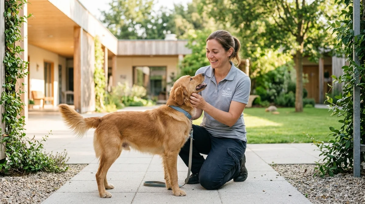 Agent animalier bienveillant caressant un chien secouru dans un refuge moderne pour travailler dans une SPA.