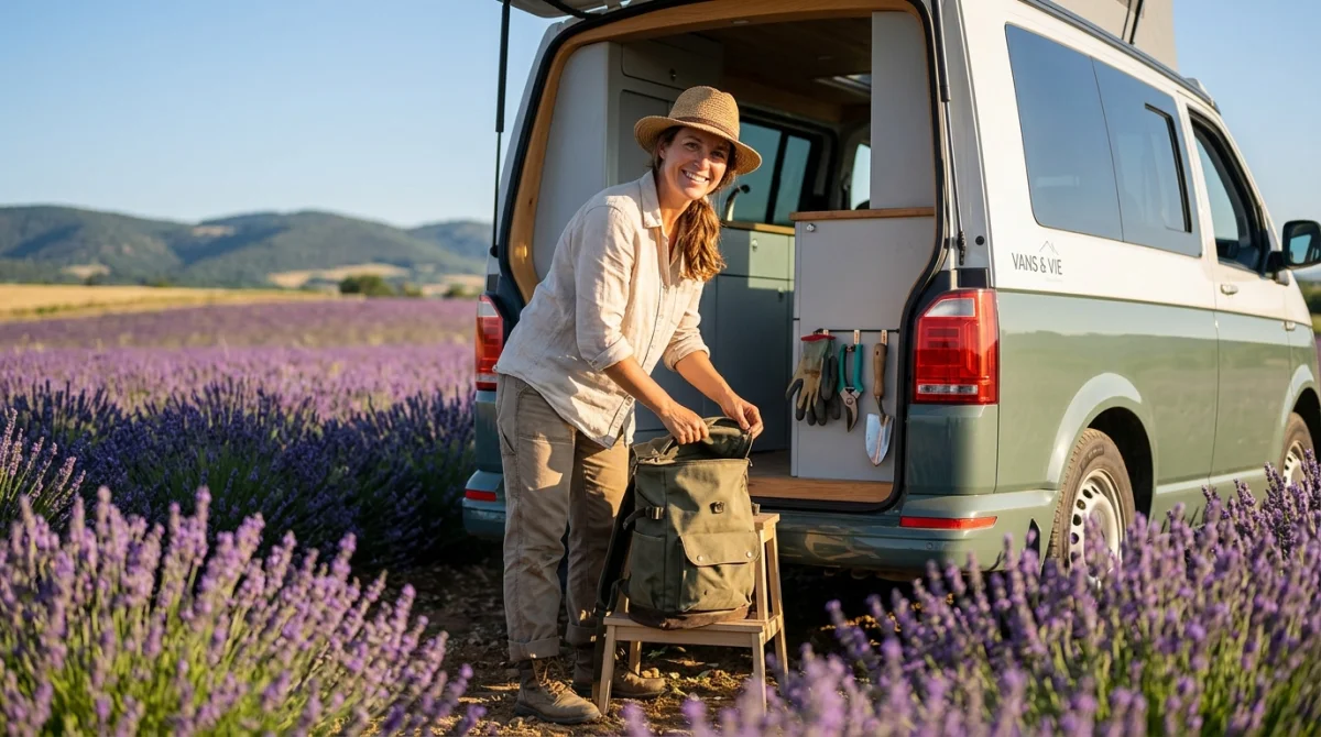 Travailleur agricole souriant préparant son sac devant un van aménagé dans un champ de lavande en fleurs.