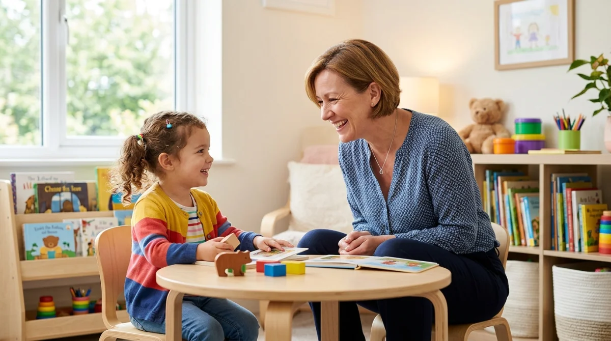 Travailleur social bienveillant échangeant un sourire chaleureux avec un jeune enfant dans un bureau accueillant et sécurisant.