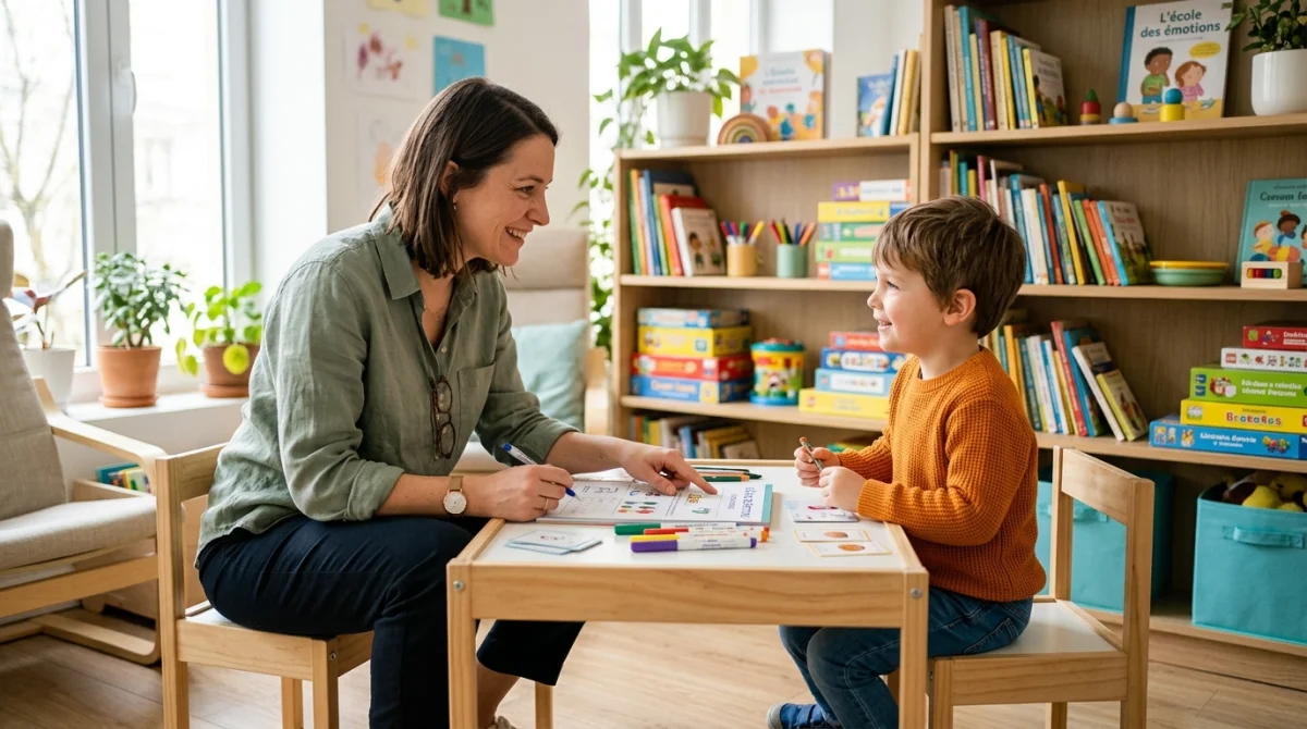 Travailleur social bienveillant échangeant avec un enfant dans un bureau lumineux pour travailler dans la protection de l'enfance.