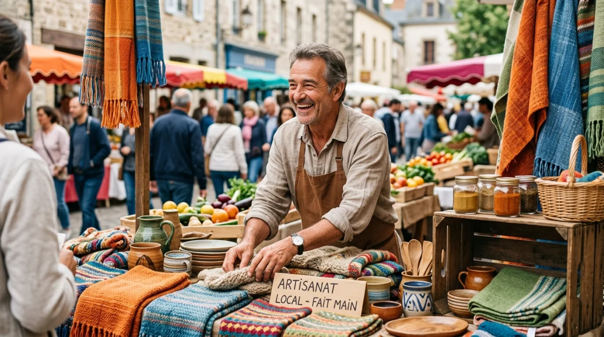 Vendeur souriant travaillant sur un stand de marché extérieur coloré pour illustrer comment travailler dans les marchés.