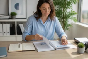 Employée de bureau organisant des preuves documentées dans un classeur pour lutter contre le harcèlement au travail.