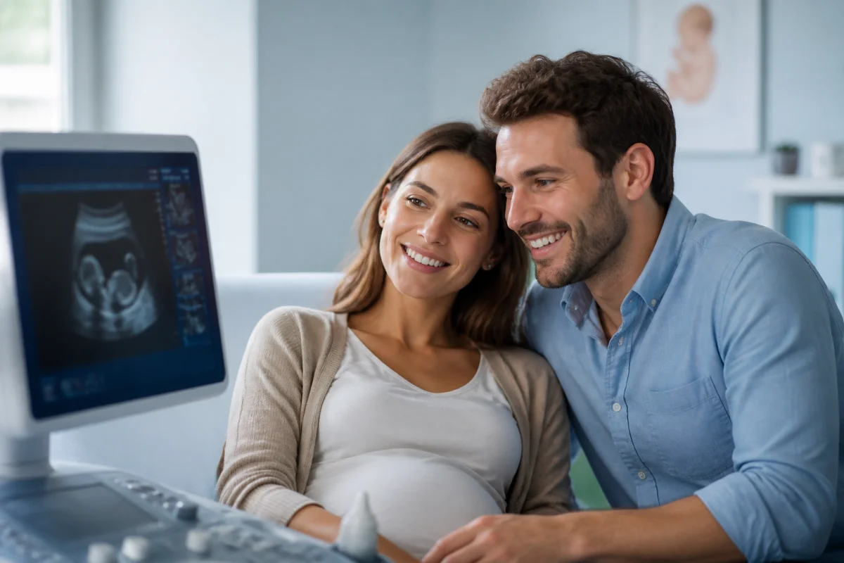 Futurs parents souriants regardant ensemble l'écran d'une échographie lors d'une absence pour échographie du papa.