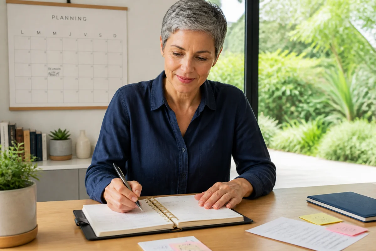 Femme souriante et concentrée travaillant à son bureau pour devenir assistant social à 50 ans.