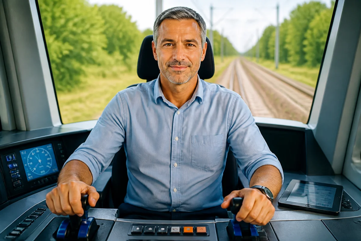Conducteur de train de 40 ans concentré aux commandes d'un simulateur de conduite moderne pour une reconversion professionnelle.