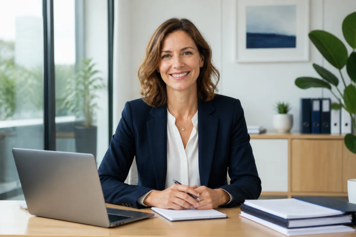 Femme professionnelle épanouie dans un bureau moderne pour illustrer une reconversion et devenir conseiller bancaire à 40 ans.