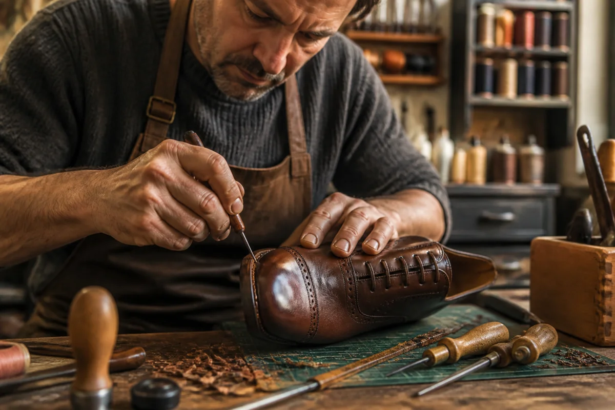 Artisan cordonnier de quarante ans réparant avec précision une chaussure en cuir dans son atelier traditionnel.