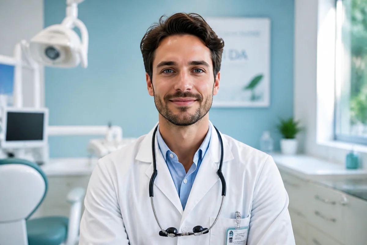 Jeune dentiste confiant en blouse blanche souriant dans un cabinet moderne pour devenir dentiste à 30 ans.