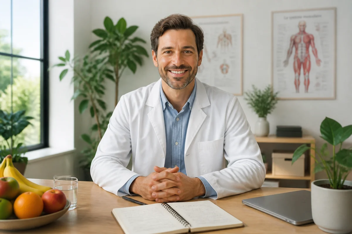 Diététicien professionnel de 40 ans souriant dans son cabinet moderne pour illustrer une reconversion réussie en nutrition.
