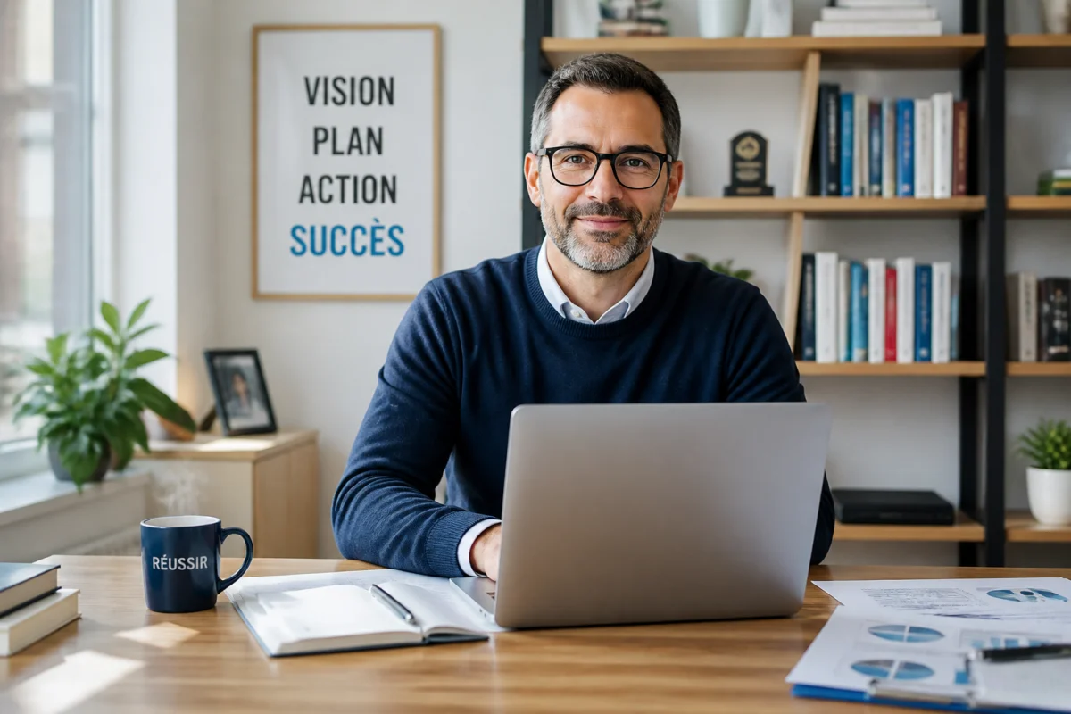 Professionnel confiant travaillant sur son ordinateur dans un bureau moderne pour devenir expert-comptable à 40 ans.