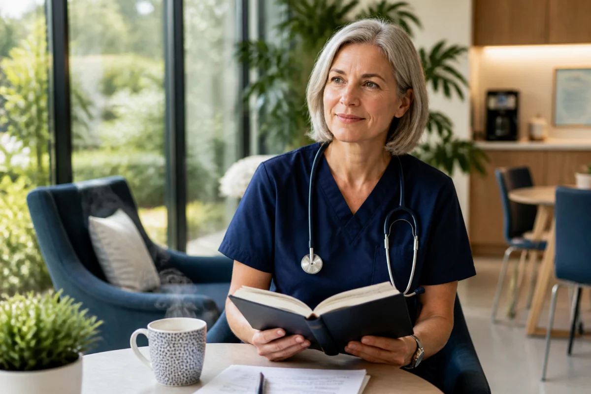 Femme de 50 ans en blouse médicale avec stéthoscope, illustrant une reconversion professionnelle réussie comme infirmière.
