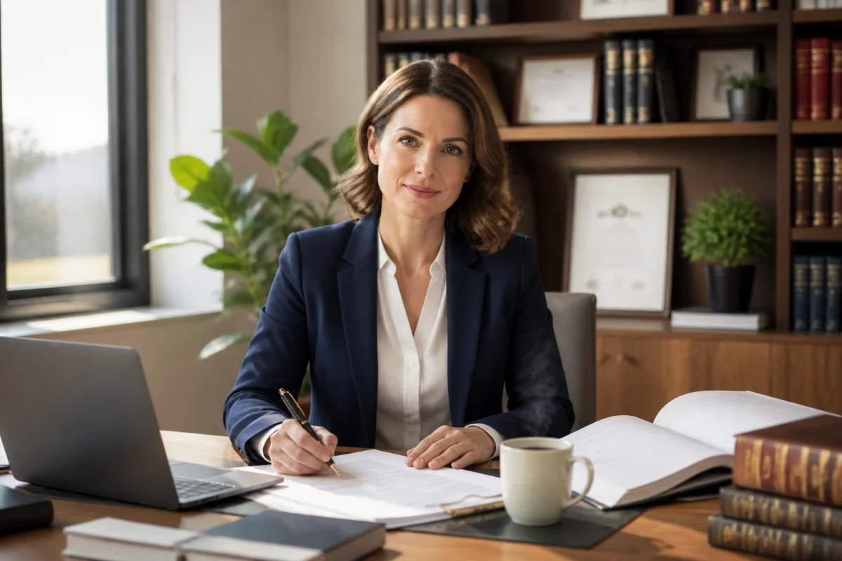 Professionnel déterminé travaillant sur des documents juridiques dans un bureau moderne pour devenir notaire à 40 ans.