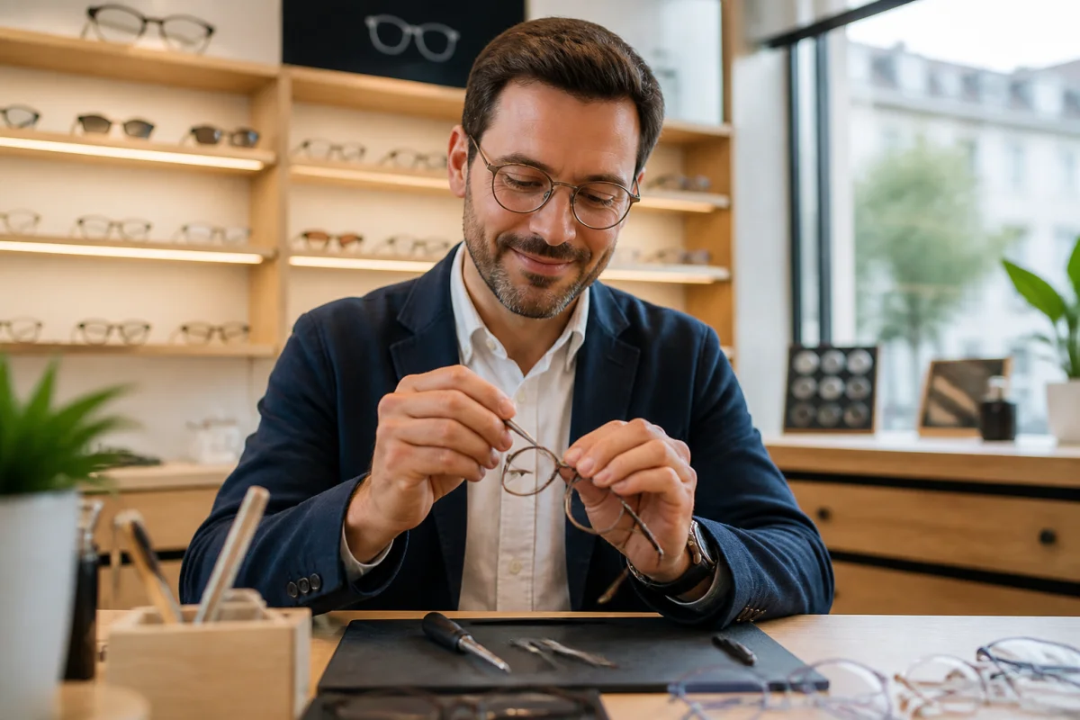 Opticien professionnel souriant ajustant une monture de lunettes dans un magasin moderne pour une reconversion réussie.