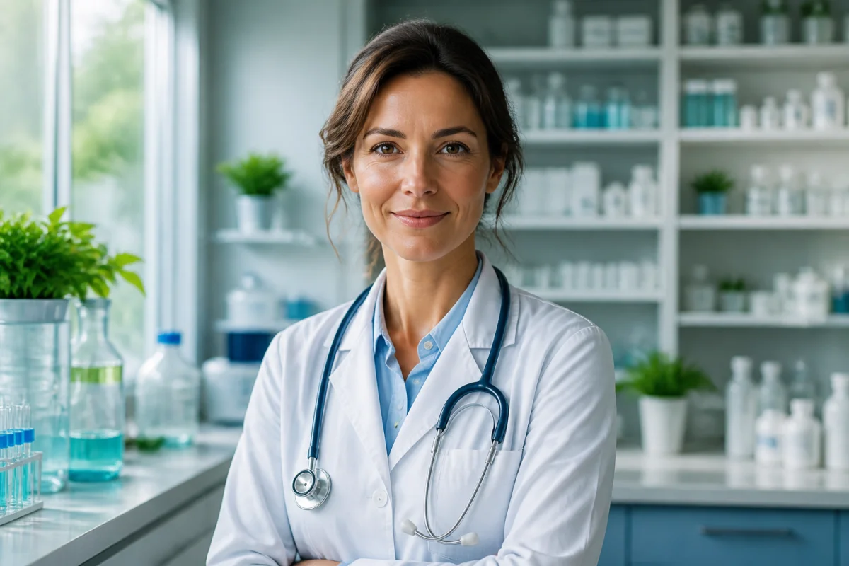 Femme pharmacienne professionnelle et déterminée en blouse blanche dans un laboratoire moderne pour devenir pharmacien à 40 ans.