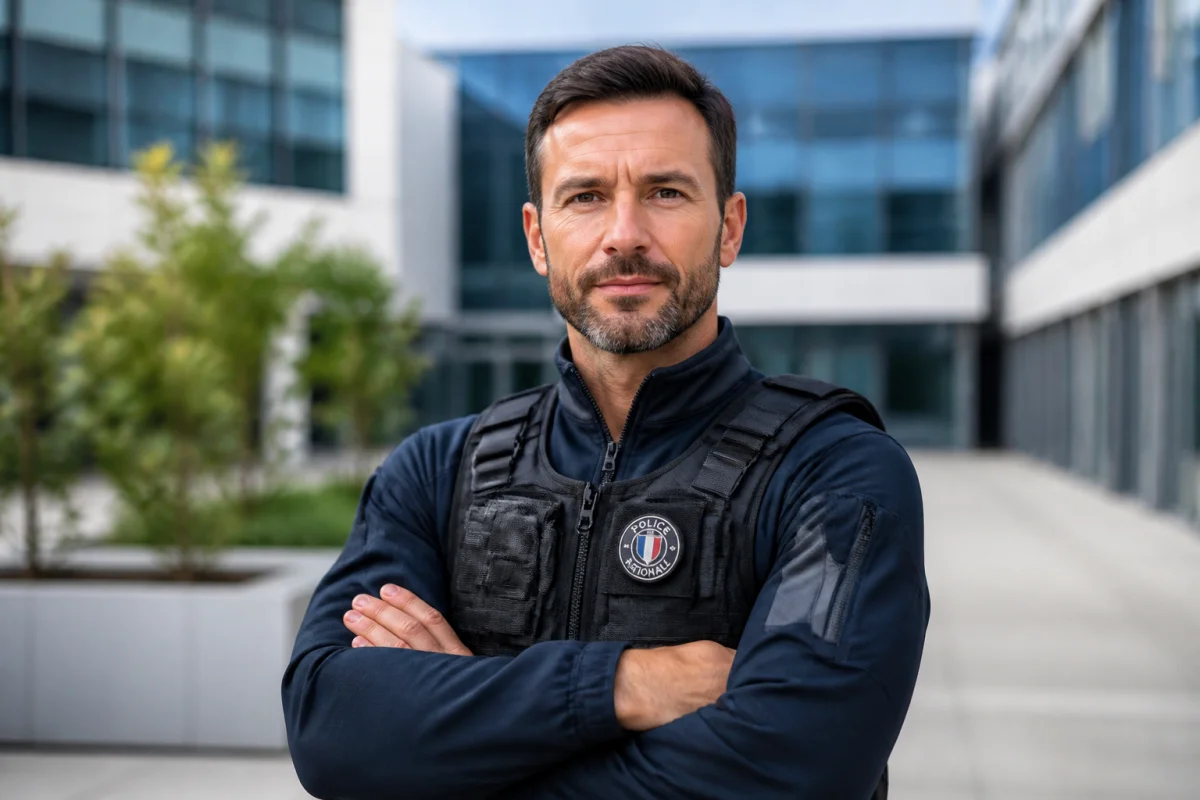 Homme de 40 ans en tenue tactique dans un centre de formation pour devenir policier à 40 ans.