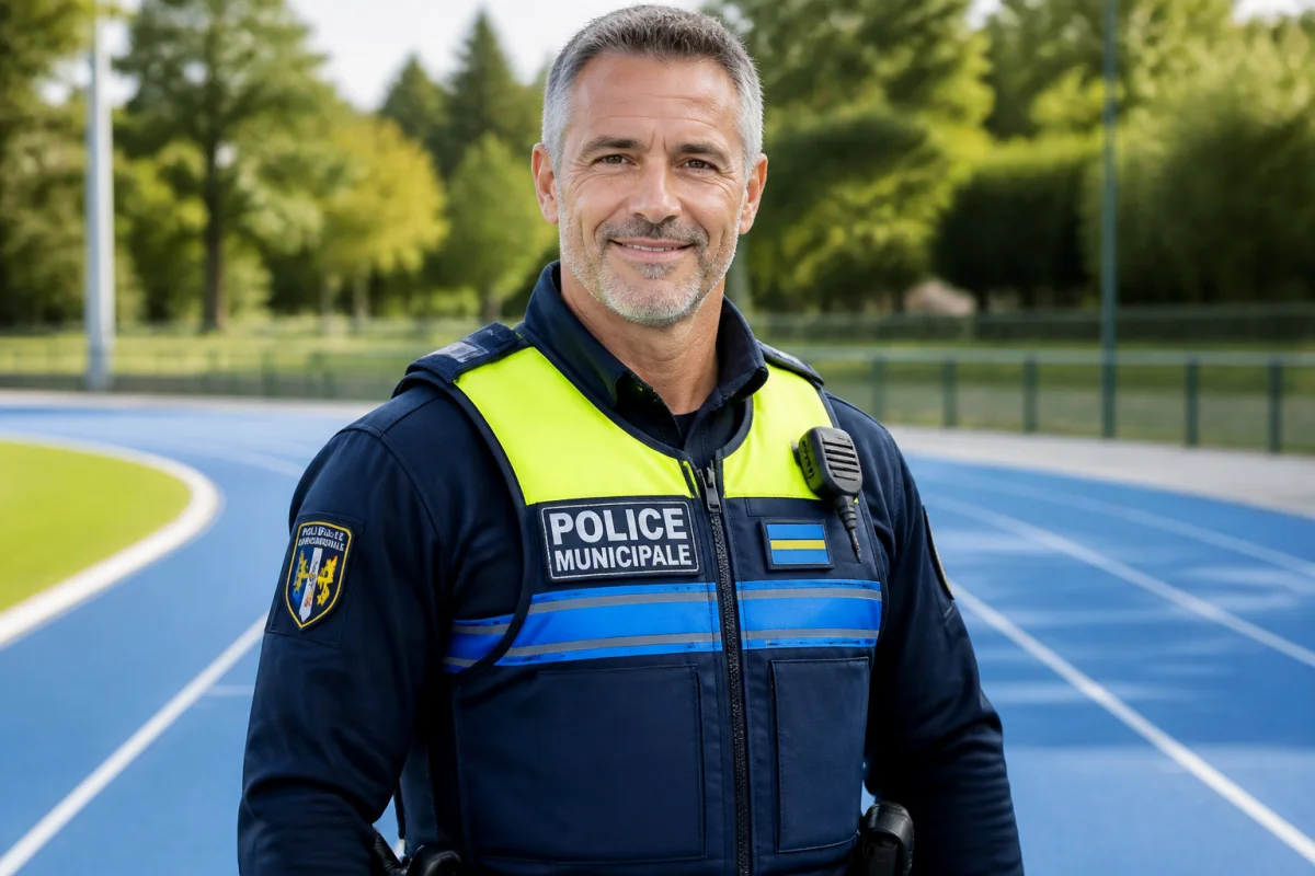 Policier municipal de cinquante ans en uniforme, souriant et confiant sur une piste d'athlétisme pour devenir policier municipal.