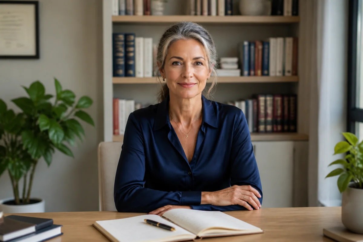 Femme élégante d'une cinquantaine d'années travaillant dans son cabinet moderne pour devenir psychanalyste à 50 ans.