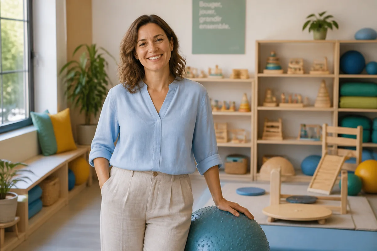 Psychomotricienne souriante et bienveillante dans son cabinet lumineux, illustrant une reconversion professionnelle pour devenir psychomotricien à 40 ans.