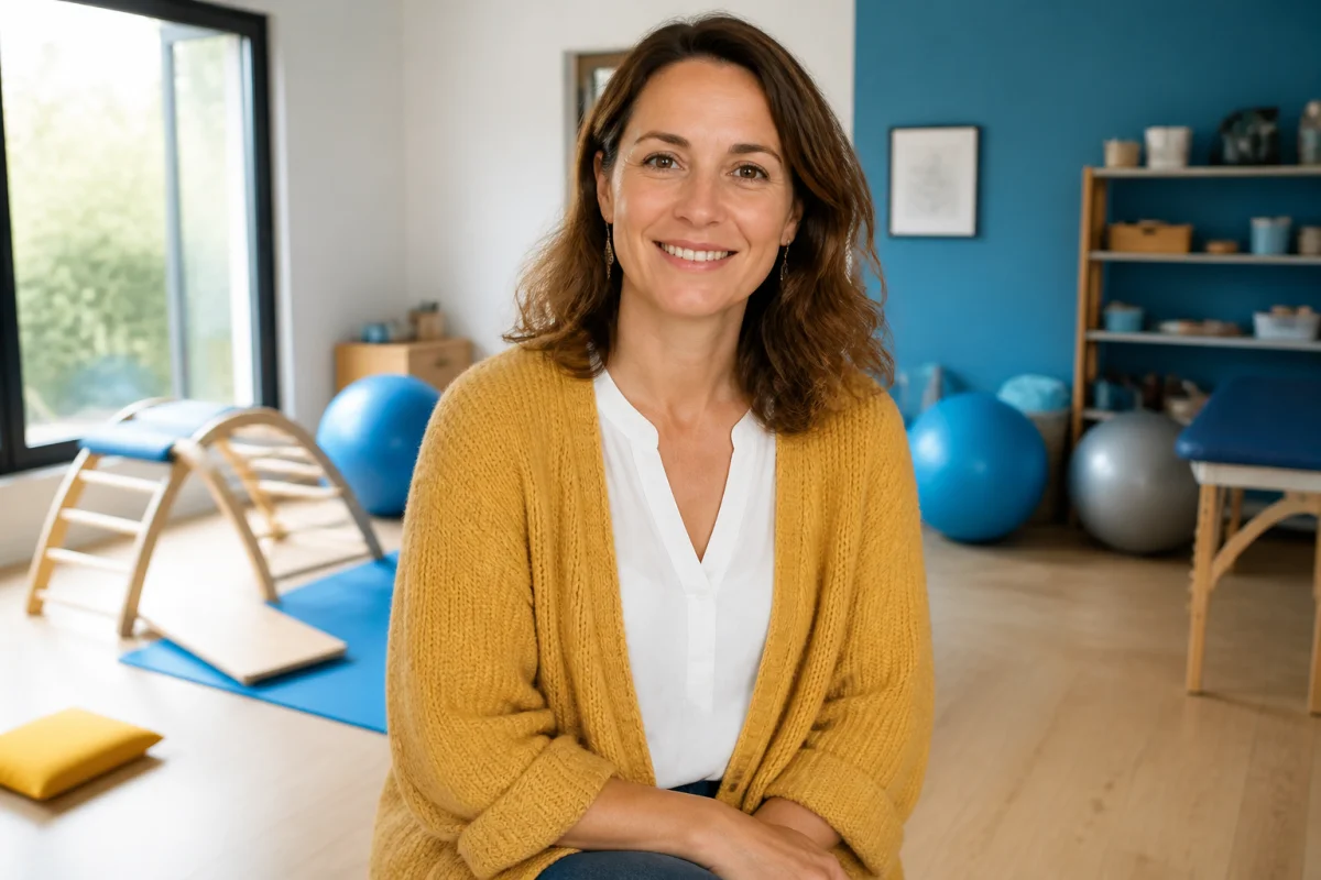 Psychomotricienne souriante dans son cabinet moderne, illustrant une reconversion professionnelle réussie pour devenir psychomotricien à 40 ans.