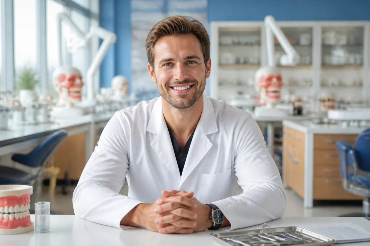 Étudiant confiant en blouse blanche dans un laboratoire dentaire moderne pour devenir dentiste à 30 ans.