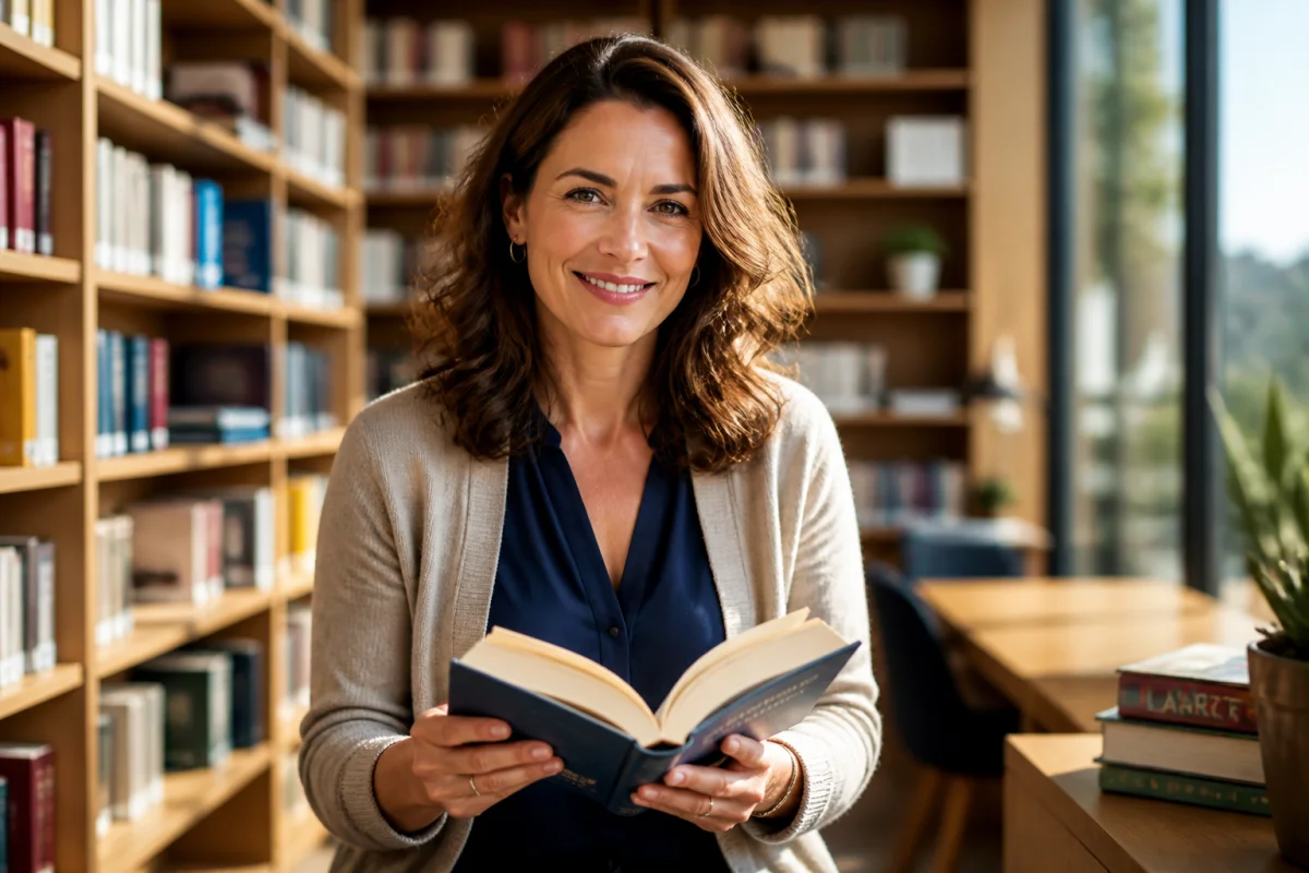 Femme souriante tenant un livre dans une bibliothèque moderne pour illustrer une reconversion professionnelle en tant que bibliothécaire.