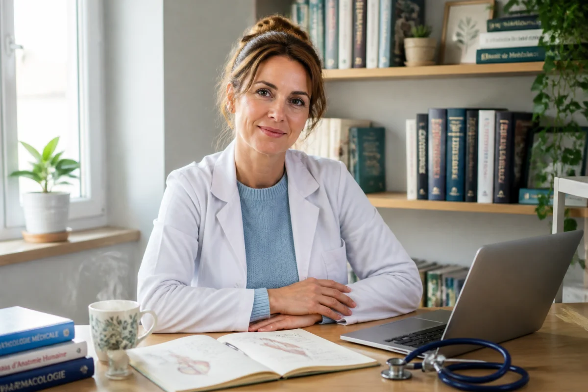 Femme médecin de 40 ans étudiant dans un bureau lumineux pour devenir médecin avec stéthoscope et livres médicaux.