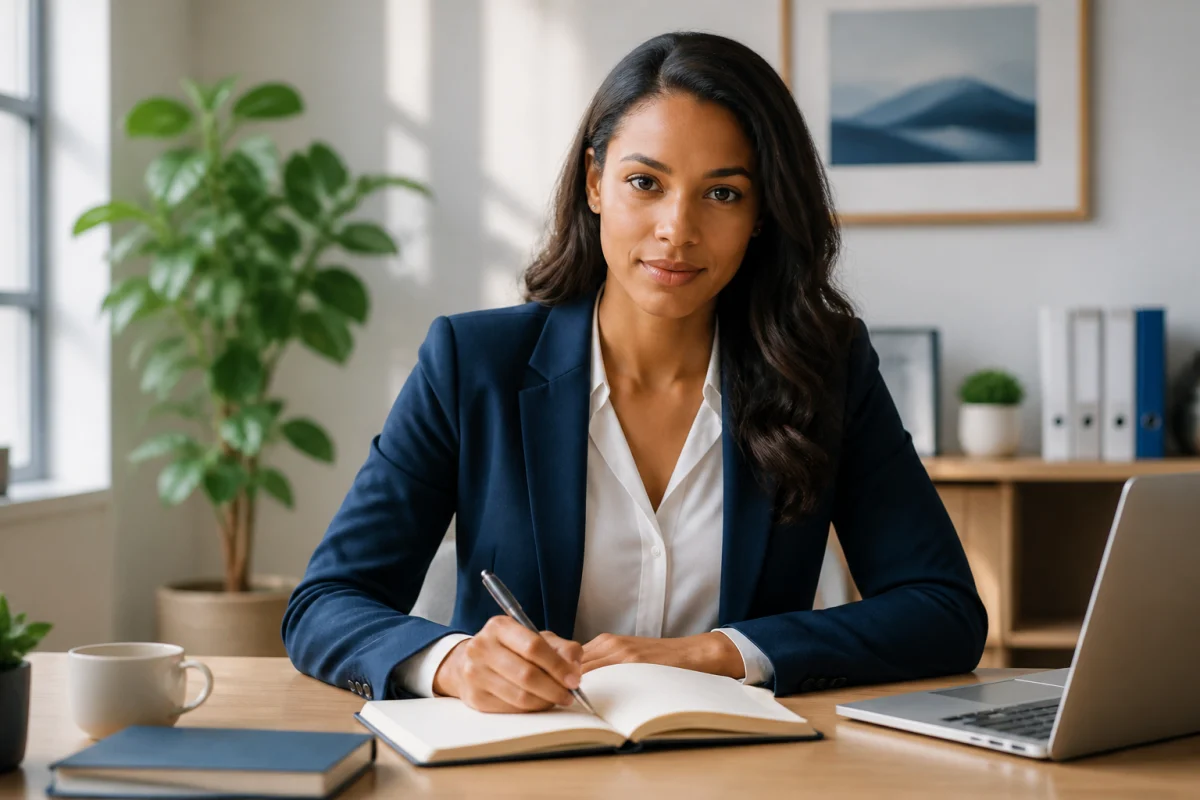 Professionnel serein écrivant dans un carnet pour illustrer des conseils sur le harcèlement au travail.