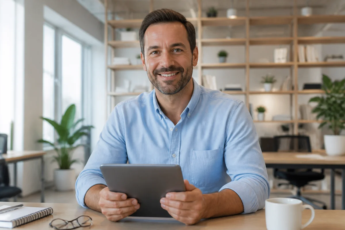 Homme confiant de 40 ans en tenue professionnelle dans un bureau moderne pour devenir opticien.