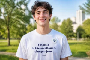 Jeune adulte souriant portant un t-shirt blanc avec un slogan de bienveillance dans un parc urbain verdoyant.