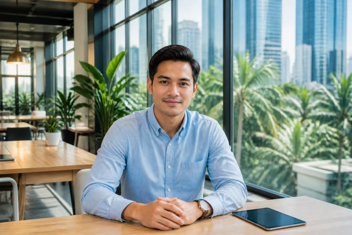 Jeune professionnel souriant dans un espace de travail moderne à Kuala Lumpur, illustrant le salaire moyen en Malaisie.
